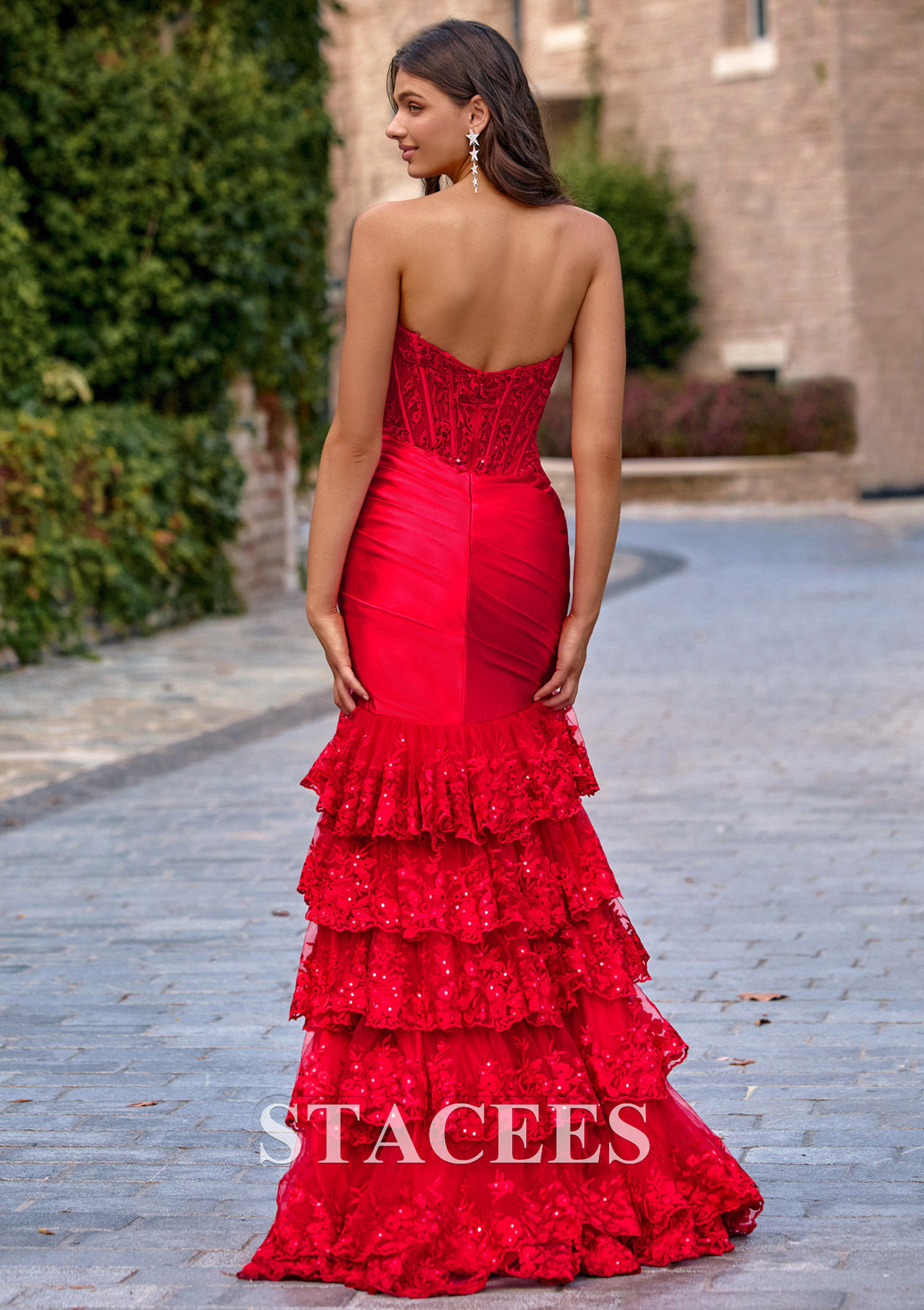 Red Strapless Sequins Lace Tiered Ruffle Mermaid Slit Prom Dress - STACEES