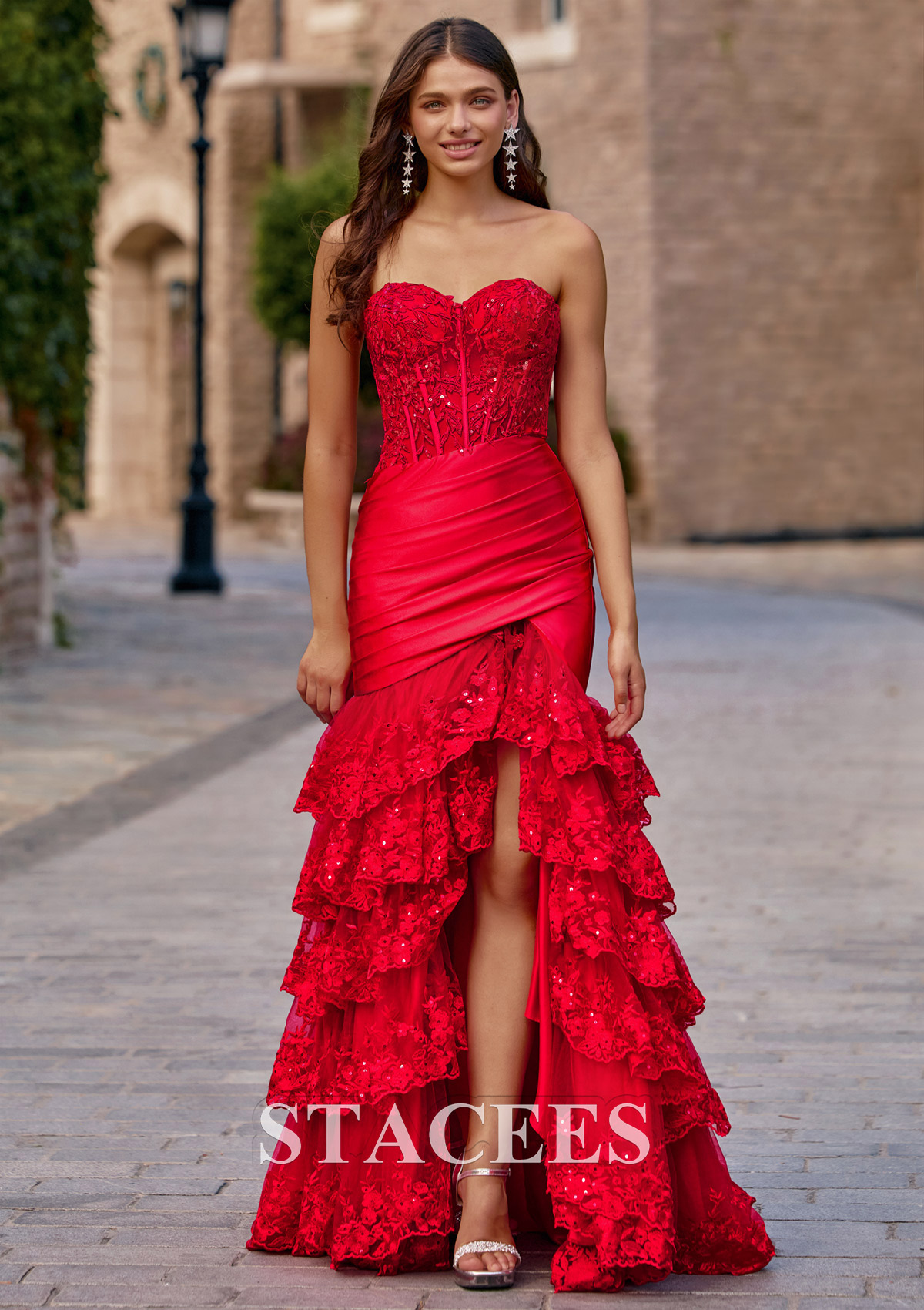 Red Strapless Sequins Lace Tiered Ruffle Mermaid Slit Prom Dress - STACEES