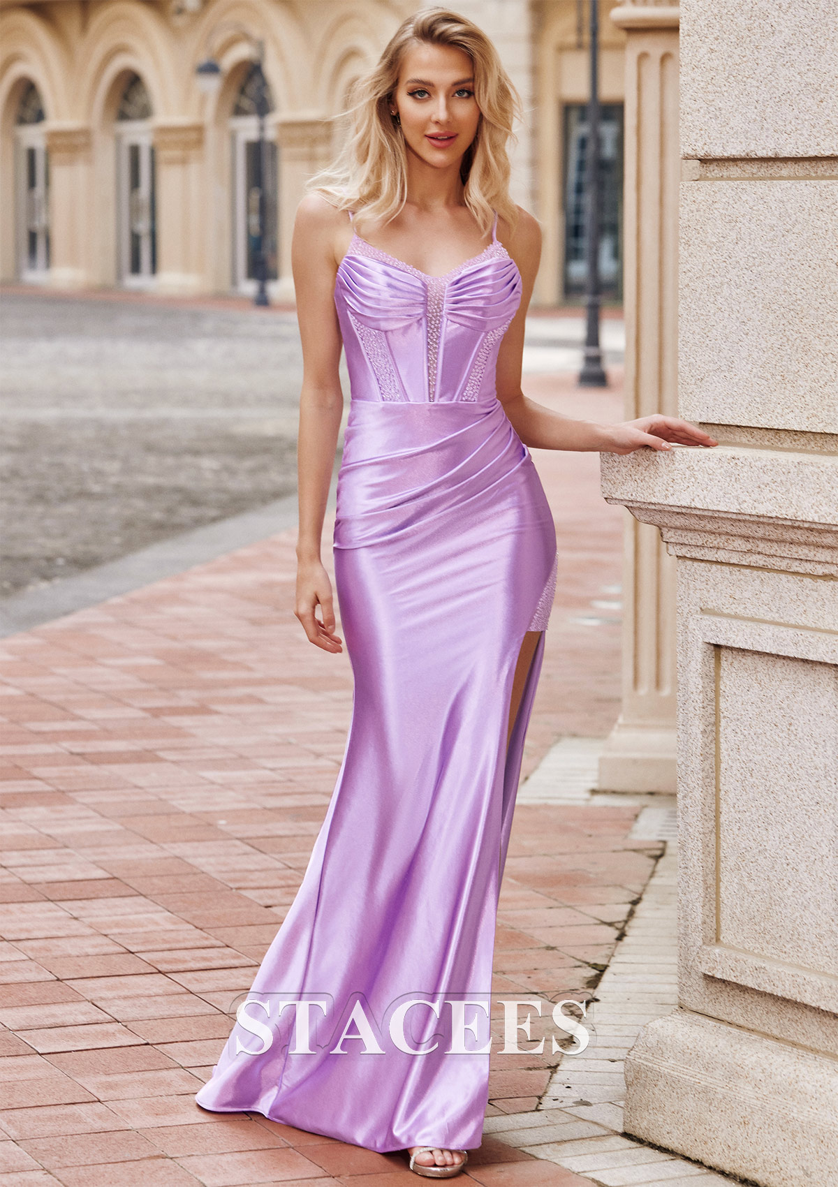 Lilac Trumpet/Mermaid V Neck Sleeveless Sweep Train Silk like Satin Prom Dress with Beading Pleated Split - STACEES