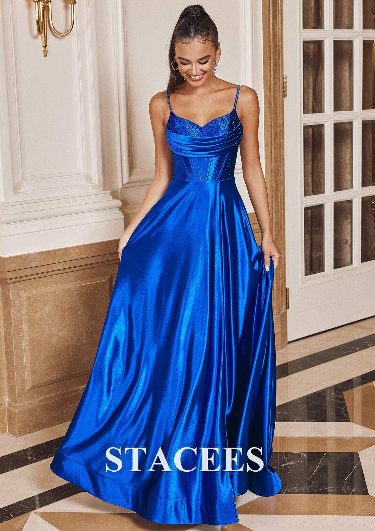 Royal Blue Vestido línea a escote drapeado seda como el satén barrer tren vestido de graduación - STACEES