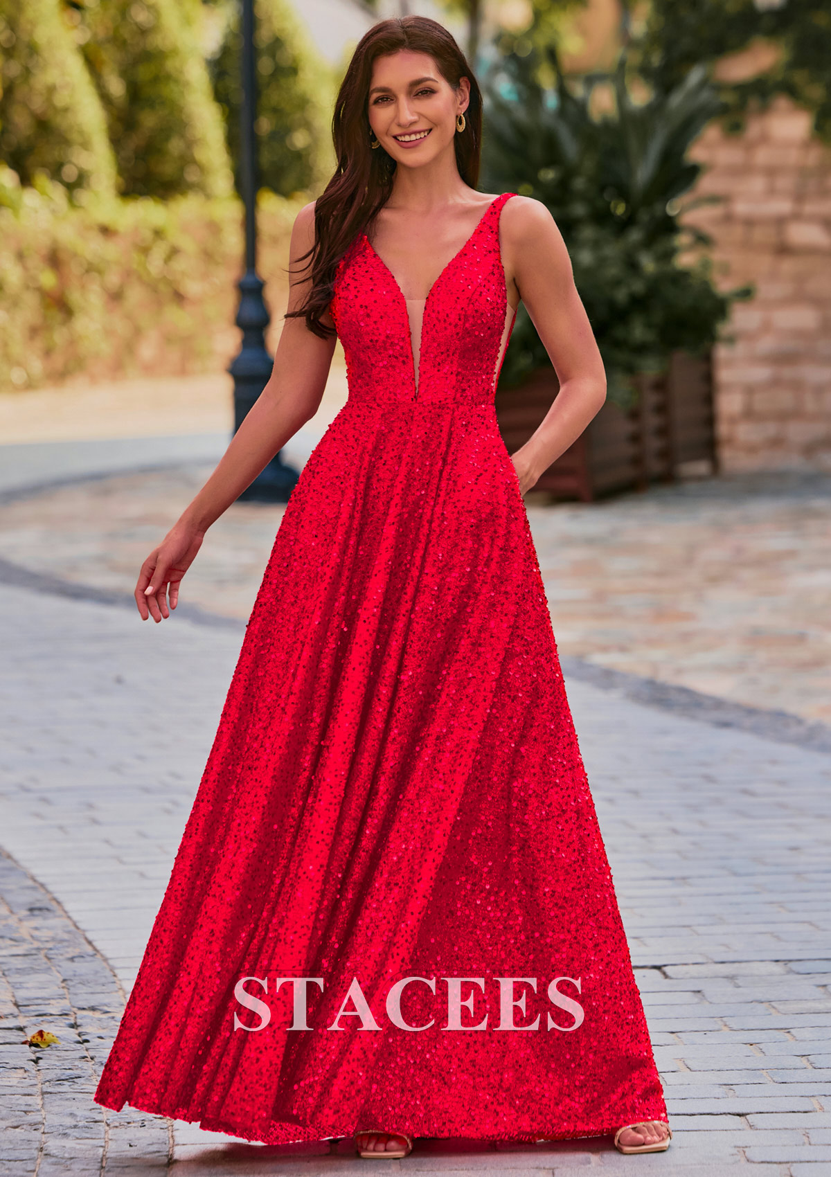 Rojo Vestido línea a escote en v lentejuelas hasta el suelo vestido de graduación - STACEES
