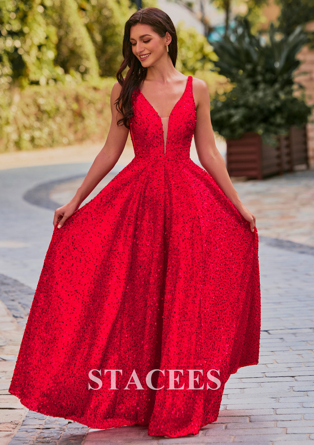 Rojo Vestido línea a escote en v lentejuelas hasta el suelo vestido de graduación - STACEES