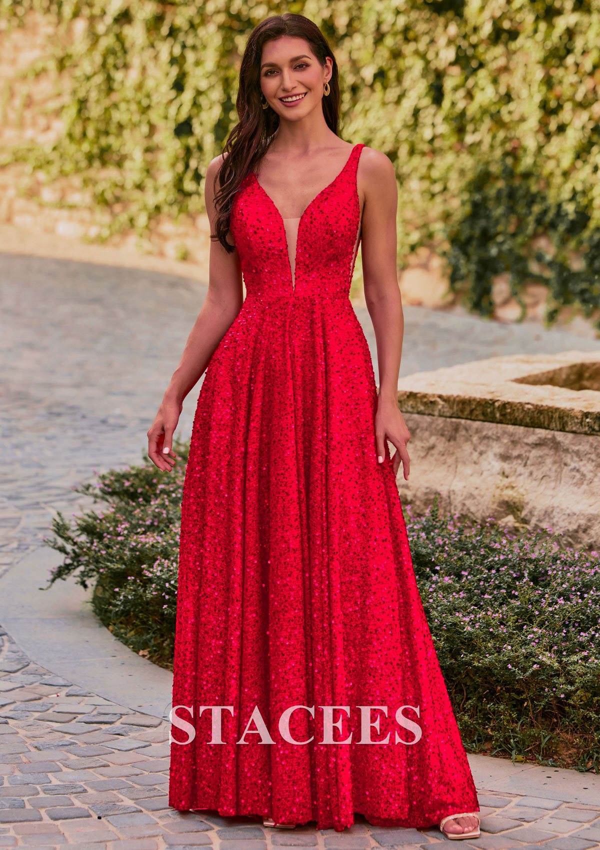 Rojo Vestido línea a escote en v lentejuelas hasta el suelo vestido de graduación - STACEES