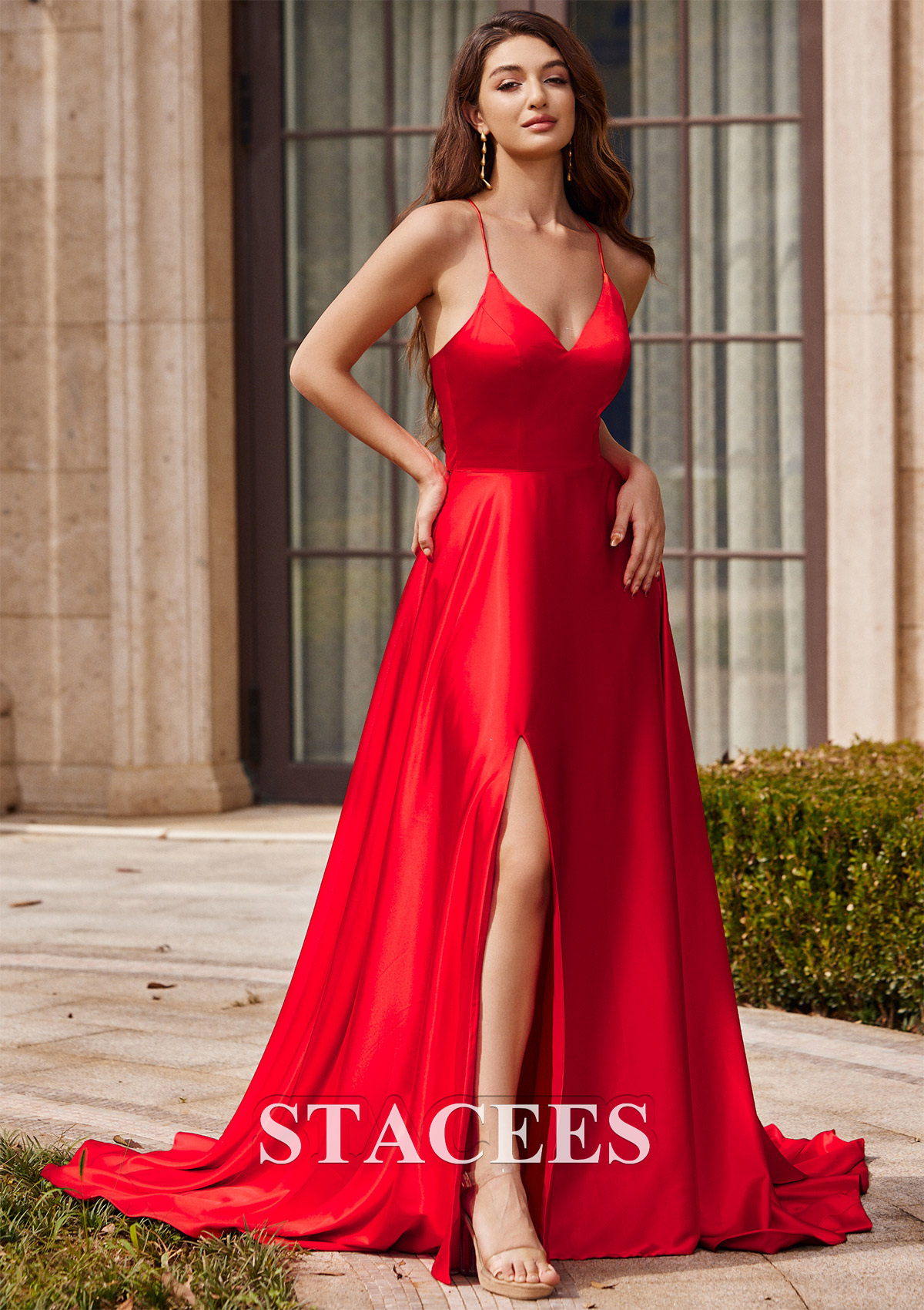 Red Vestido línea a escote en v tela charmeuse barrer tren vestido de graduación - STACEES