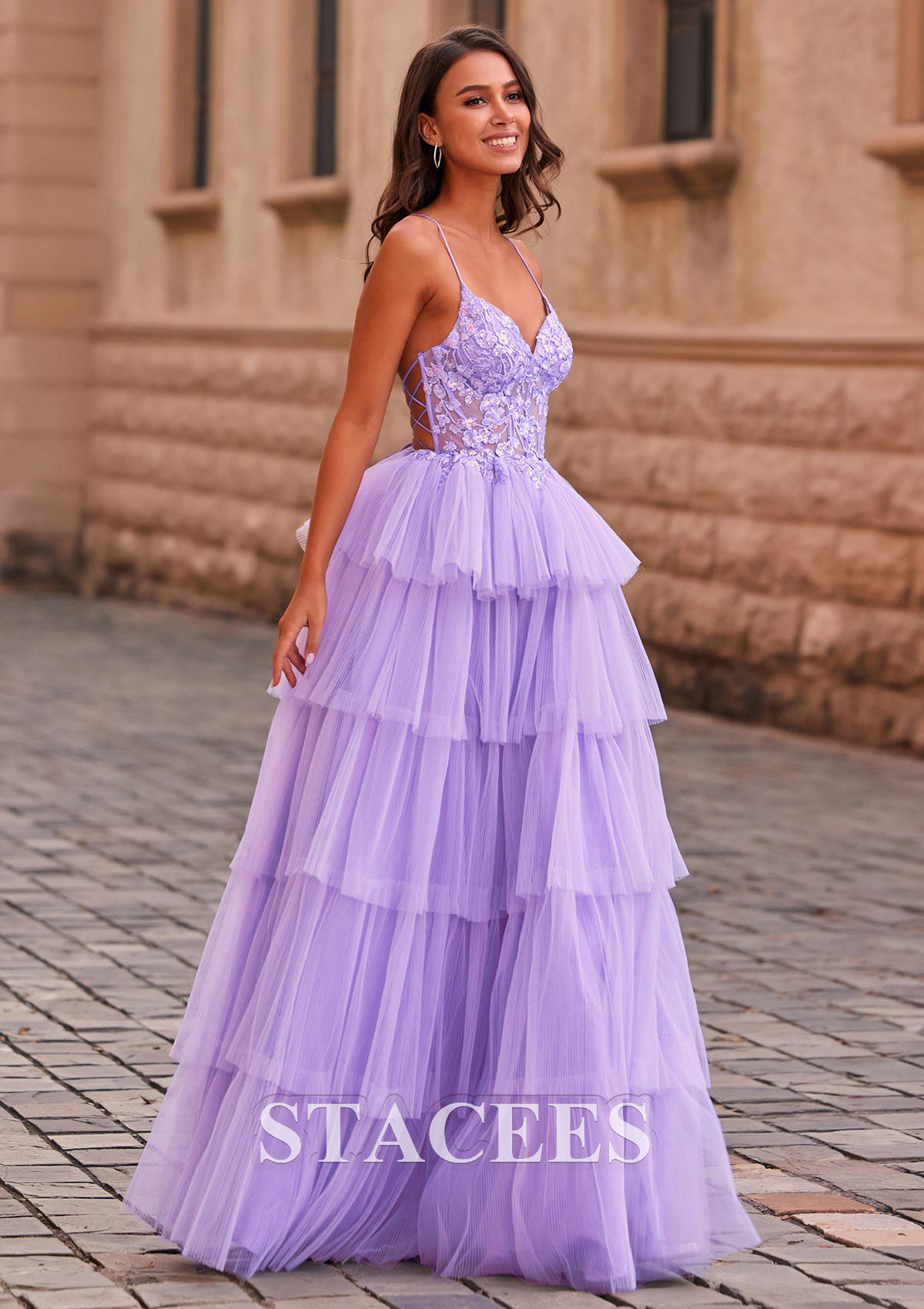 Lilac A-line V Neck Tulle Floor-Length Prom Dress with Appliqued Ruffles Sequins - STACEES