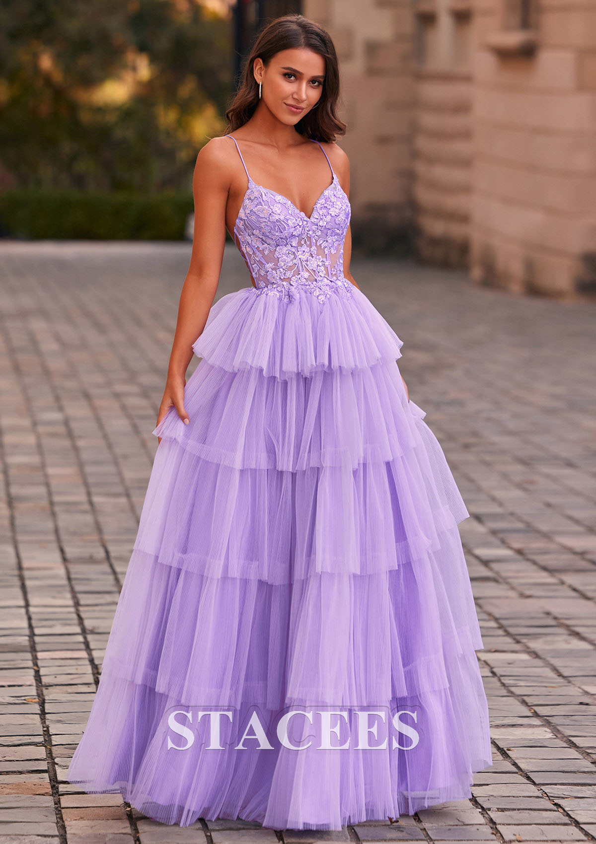 Lilac A-line V Neck Tulle Floor-Length Prom Dress with Appliqued Ruffles Sequins - STACEES