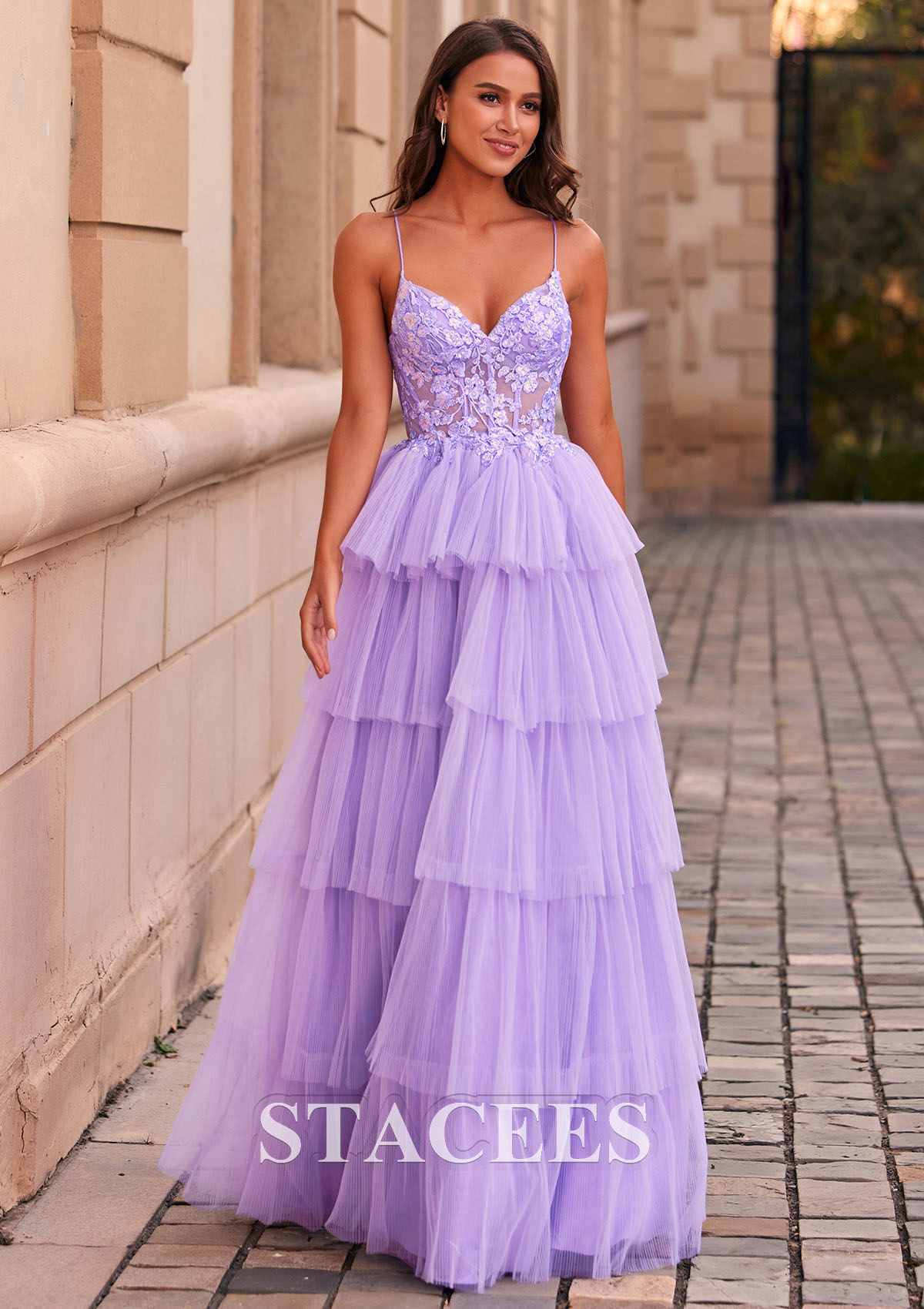 Lilac A-line V Neck Tulle Floor-Length Prom Dress with Appliqued Ruffles Sequins - STACEES