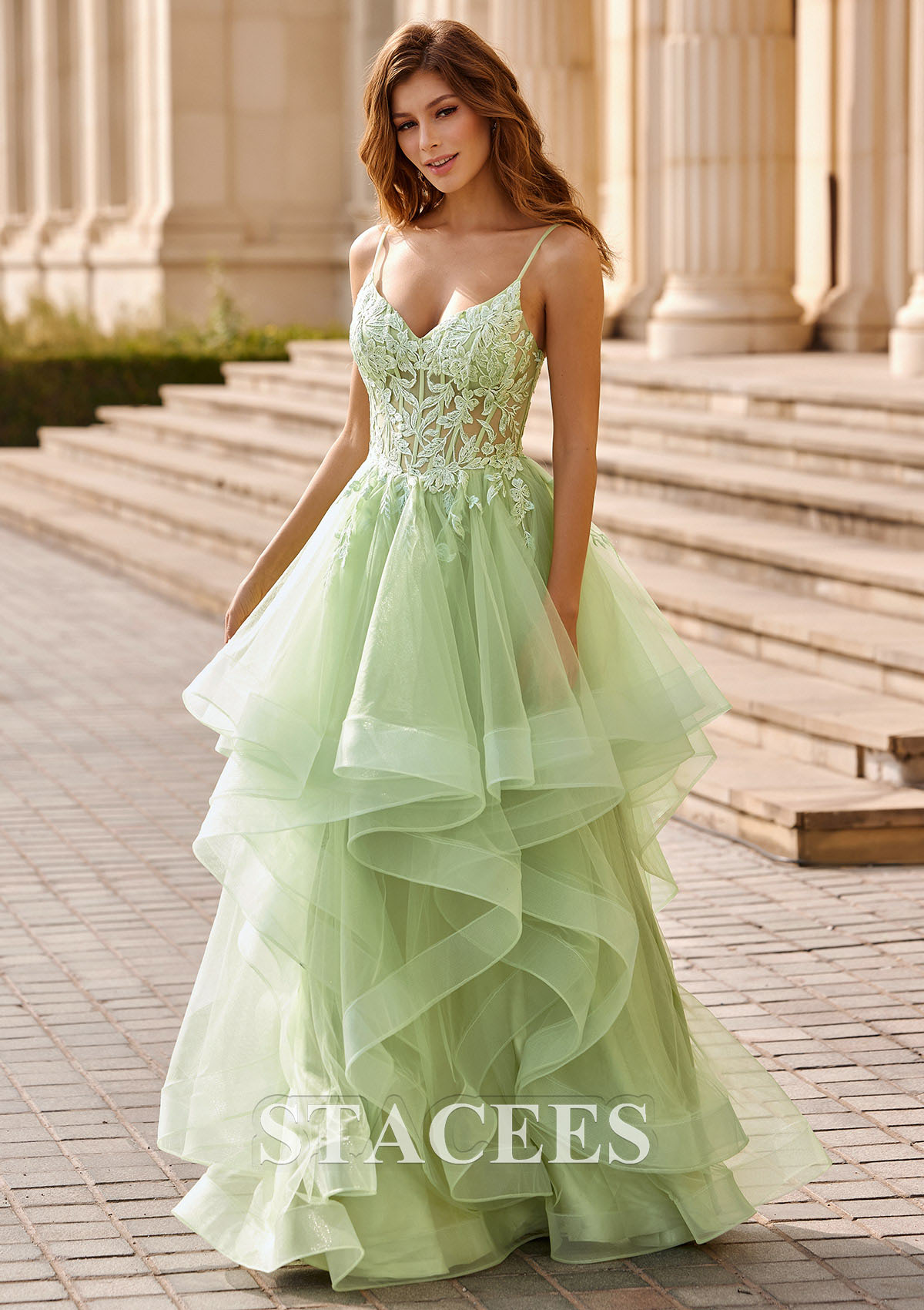 Salvia Vestido línea a escote en v tul hasta el suelo vestido de graduación - STACEES