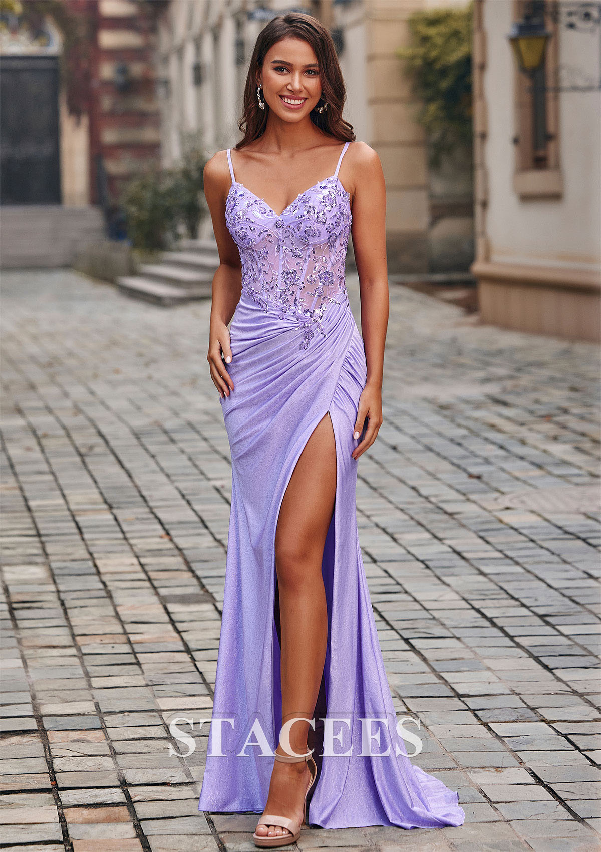 Lilac Trumpet/Mermaid V Neck Jersey Sweep Train Prom Dress with Beading Pleated Sequins Split Glitter - STACEES