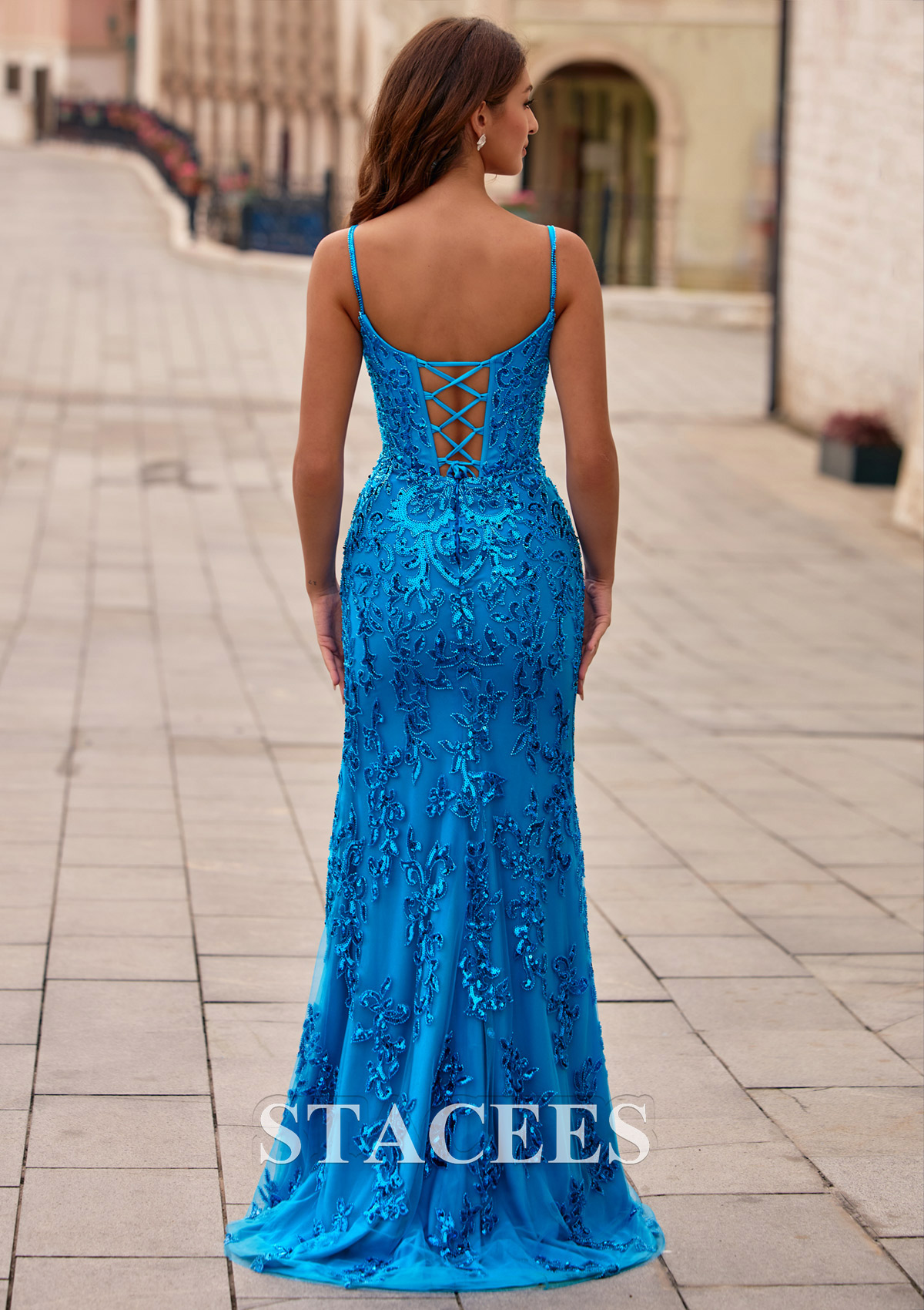 Ocean Blue Plunging V-neckline Corset Sequin Beaded Mermaid Prom Dress with Slit - STACEES