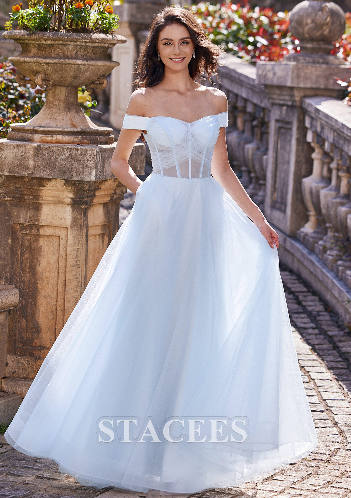 Sky Blue A-line Off-the-Shoulder Short Sleeve Floor-Length Tulle Prom Dress with Pleated Pockets - STACEES