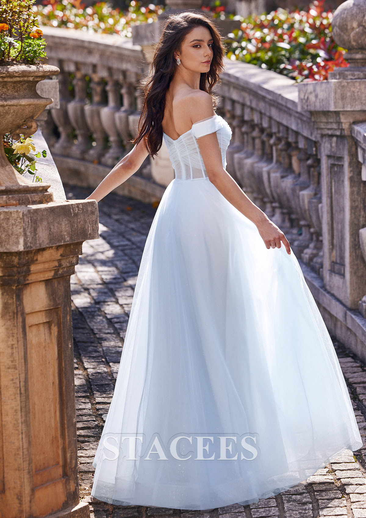 Sky Blue A-line Off-the-Shoulder Short Sleeve Floor-Length Tulle Prom Dress with Pleated Pockets - STACEES