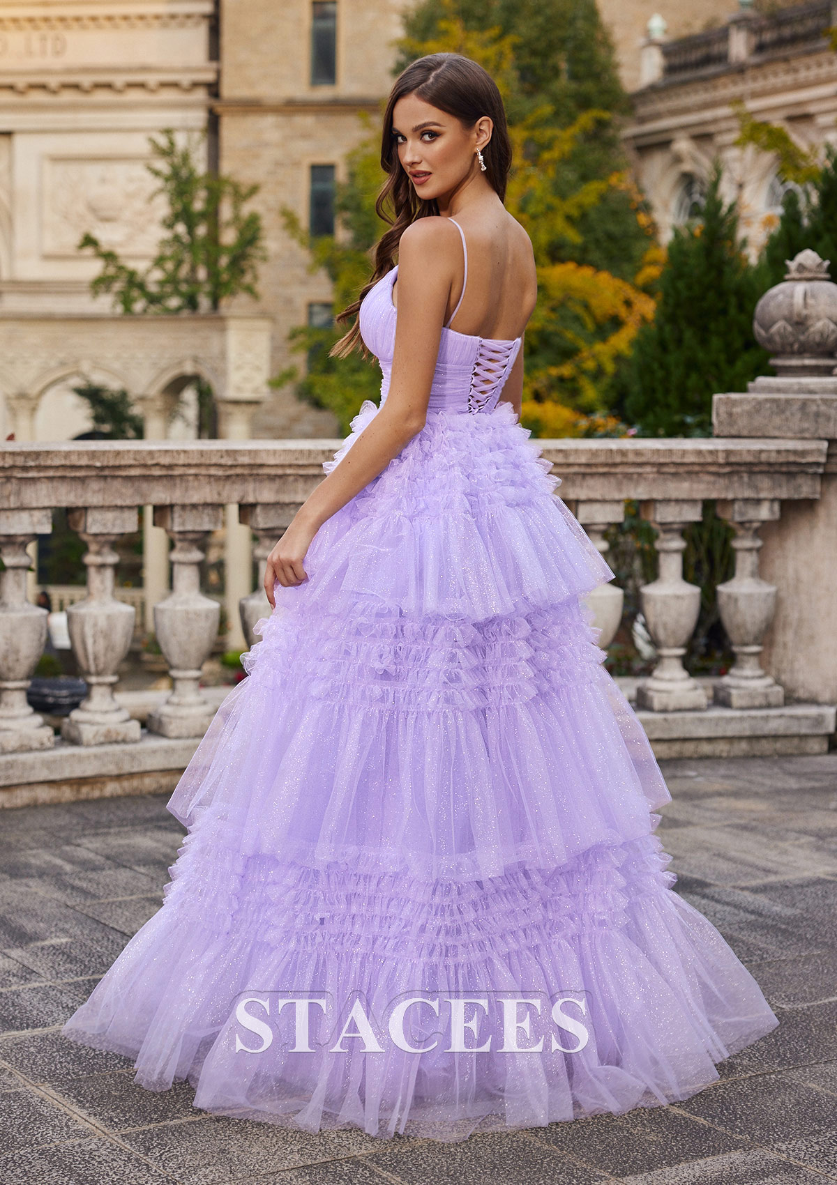 Lavande Robe trapèze princesse col en v glitter ras du sol robe de bal - STACEES