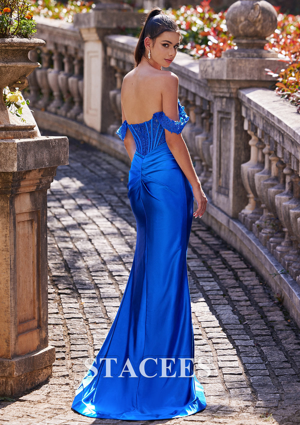 Ocean Blue Sheath/Column Off-the-Shoulder Sweep Train Silk like Satin Prom Dress with Appliqued Beading Pleated Split - STACEES