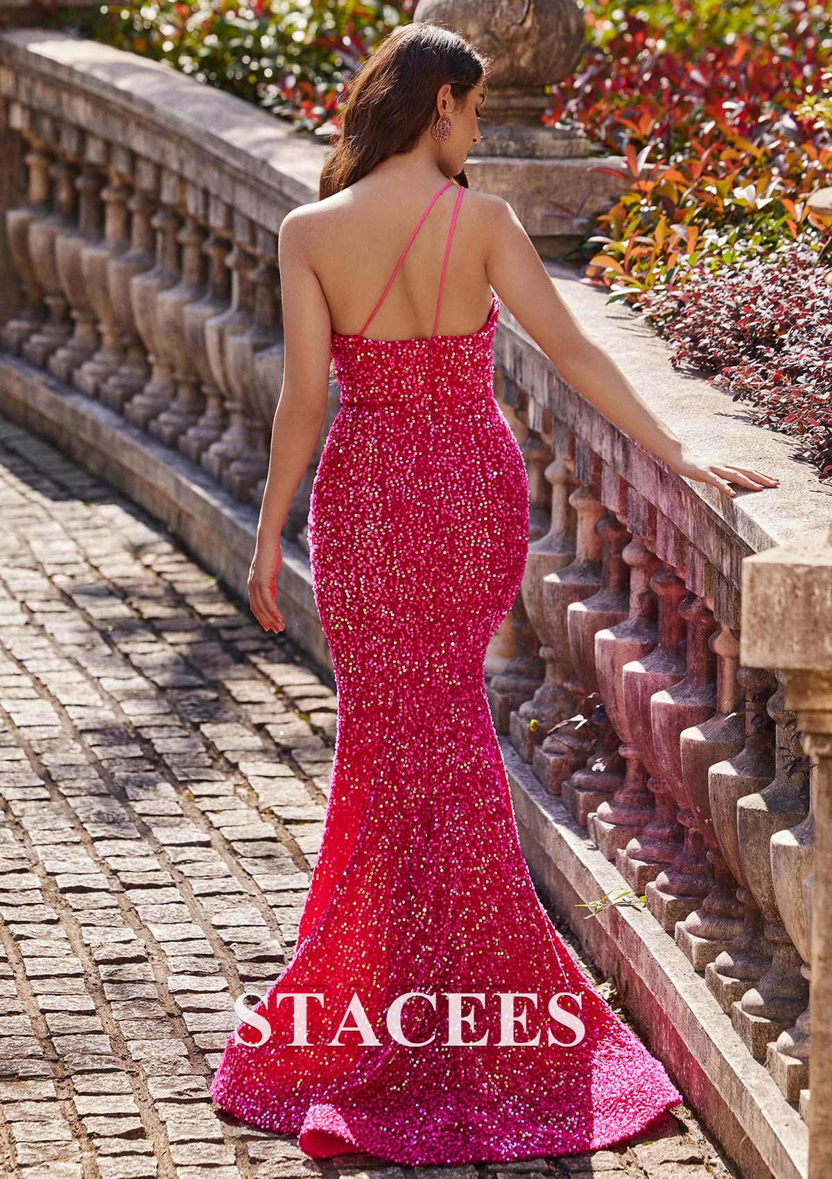 Fuchsia Trumpet/Mermaid One-Shoulder Velvet Sequins Prom Dress - STACEES