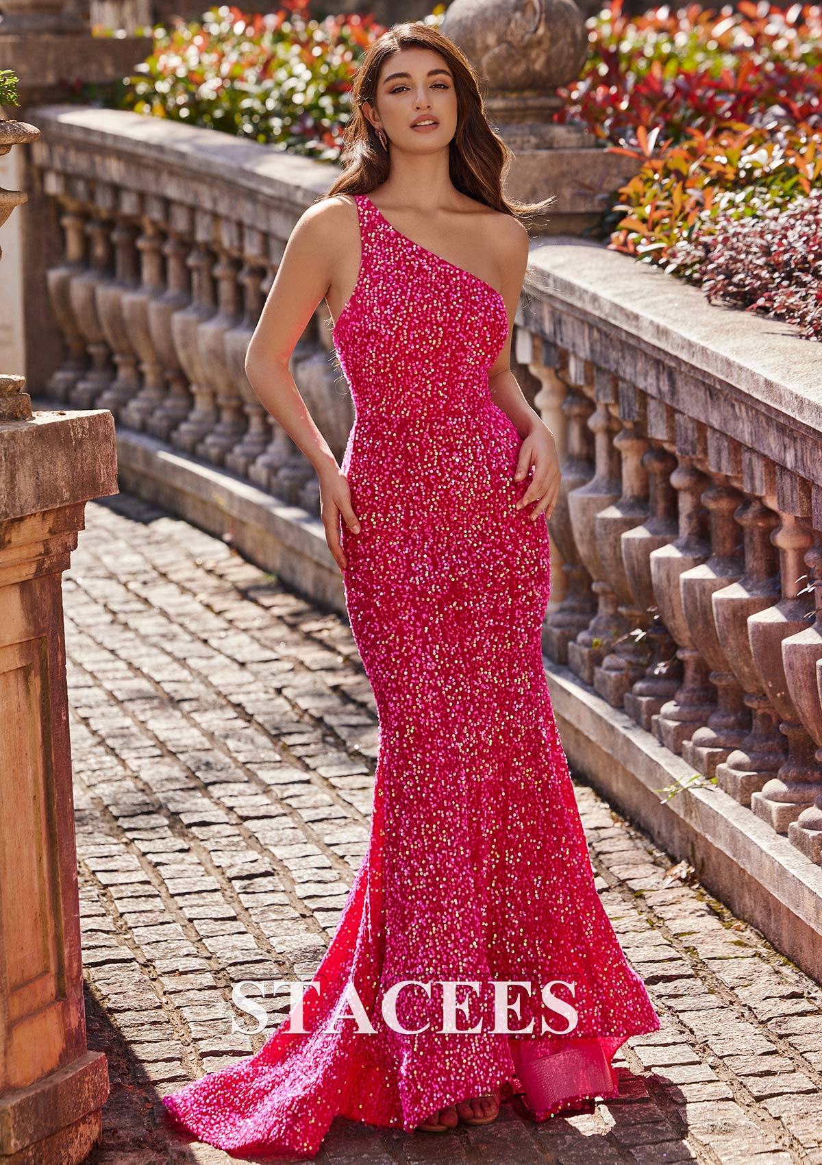 Fuchsia Trumpet/Mermaid One-Shoulder Velvet Sequins Prom Dress - STACEES