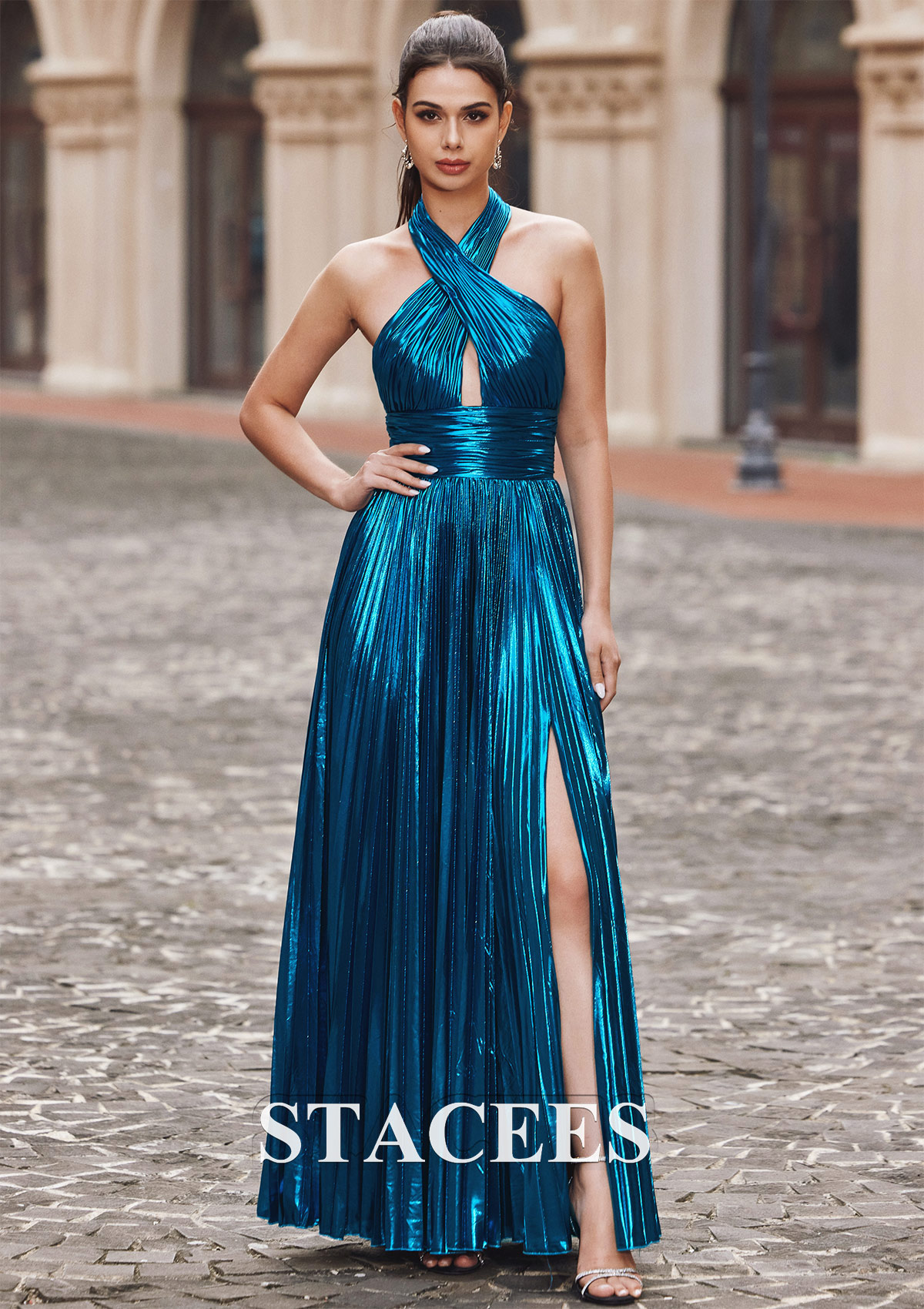 A-line Halter Sleeveless Floor-Length Metallic Prom Dress with Split S7772PF - Prom Dresses