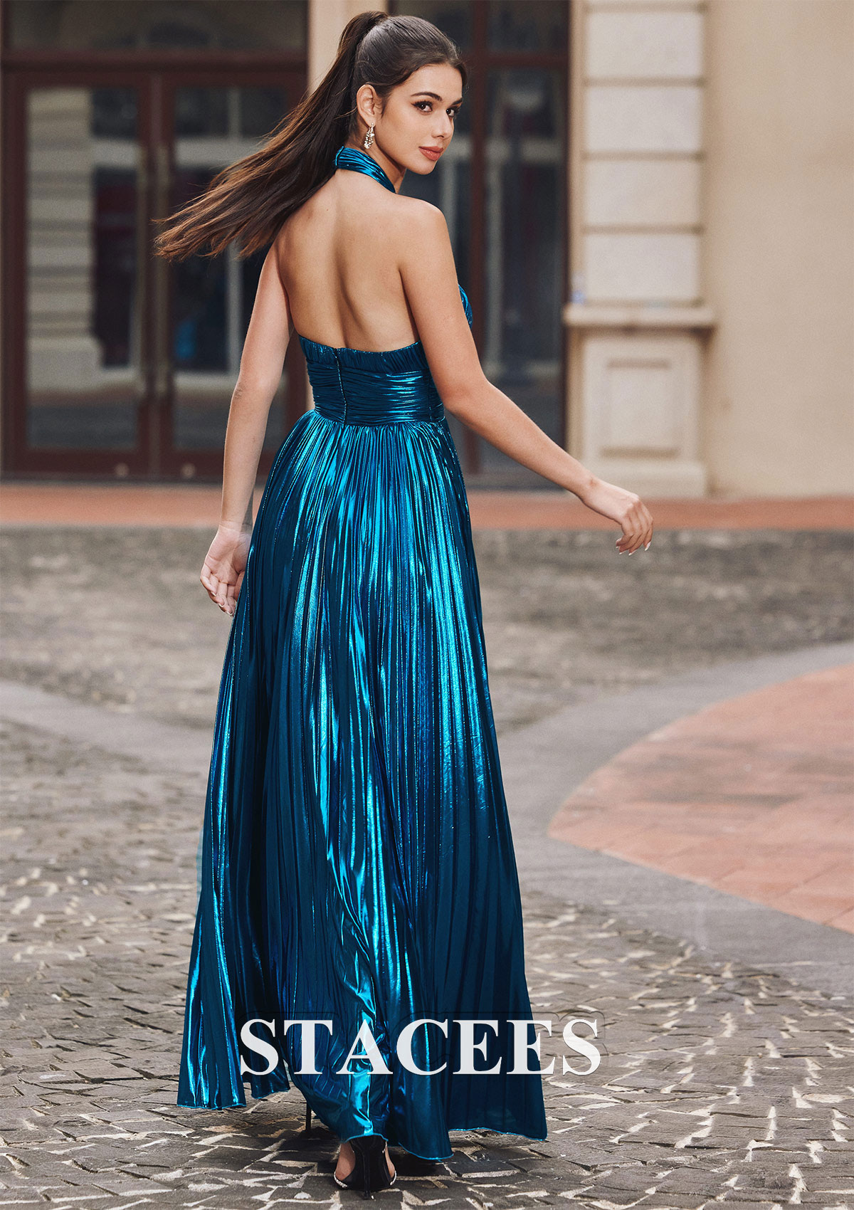 Ink Blue A-line Halter Sleeveless Floor-Length Metallic Prom Dress with Split - STACEES