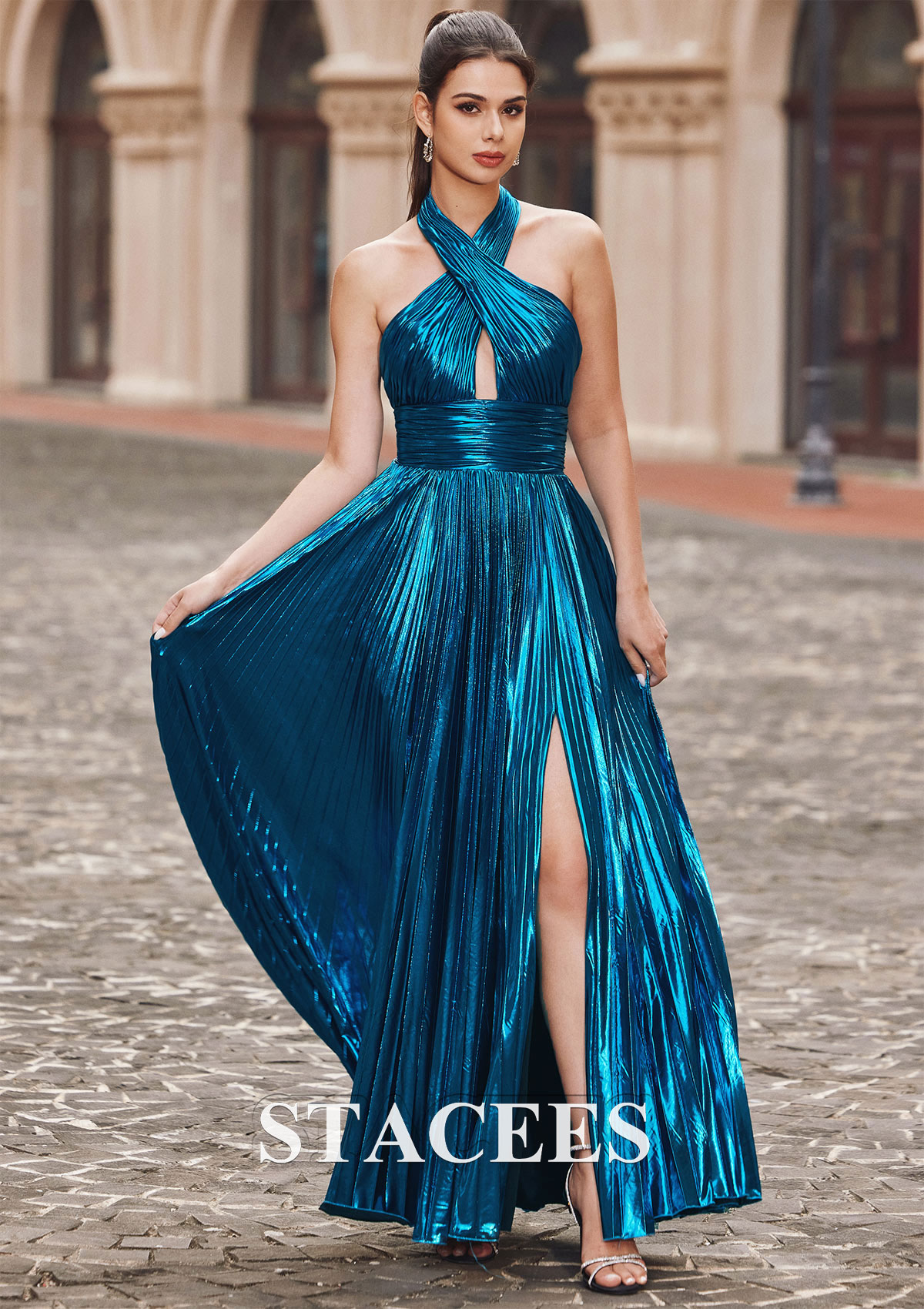 Ink Blue A-line Halter Sleeveless Floor-Length Metallic Prom Dress with Split - STACEES