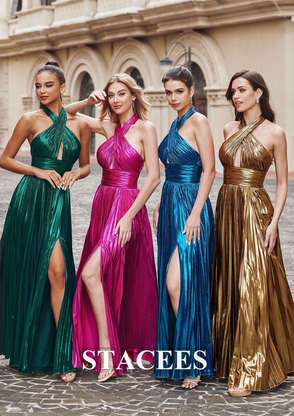 Verde Oscuro Vestido línea a cuello halter metálico hasta el suelo vestido de graduación - STACEES