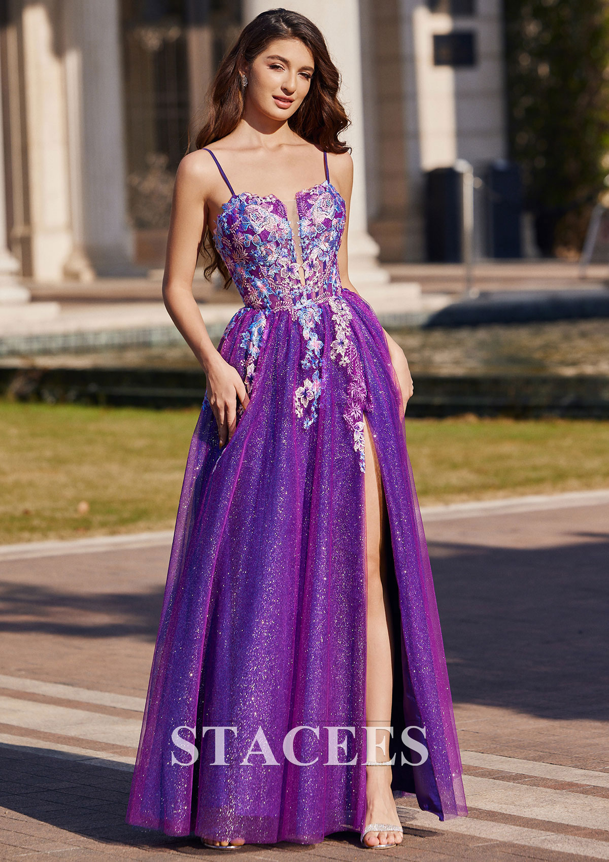 Orchid A-line Square Neckline Floor-Length Tulle Prom Dress with Appliqued Split Glitter - STACEES
