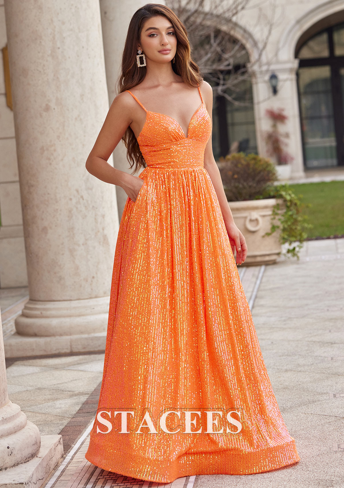 Orange Robe trapèze princesse col en v paillettes ras du sol robe de bal - STACEES