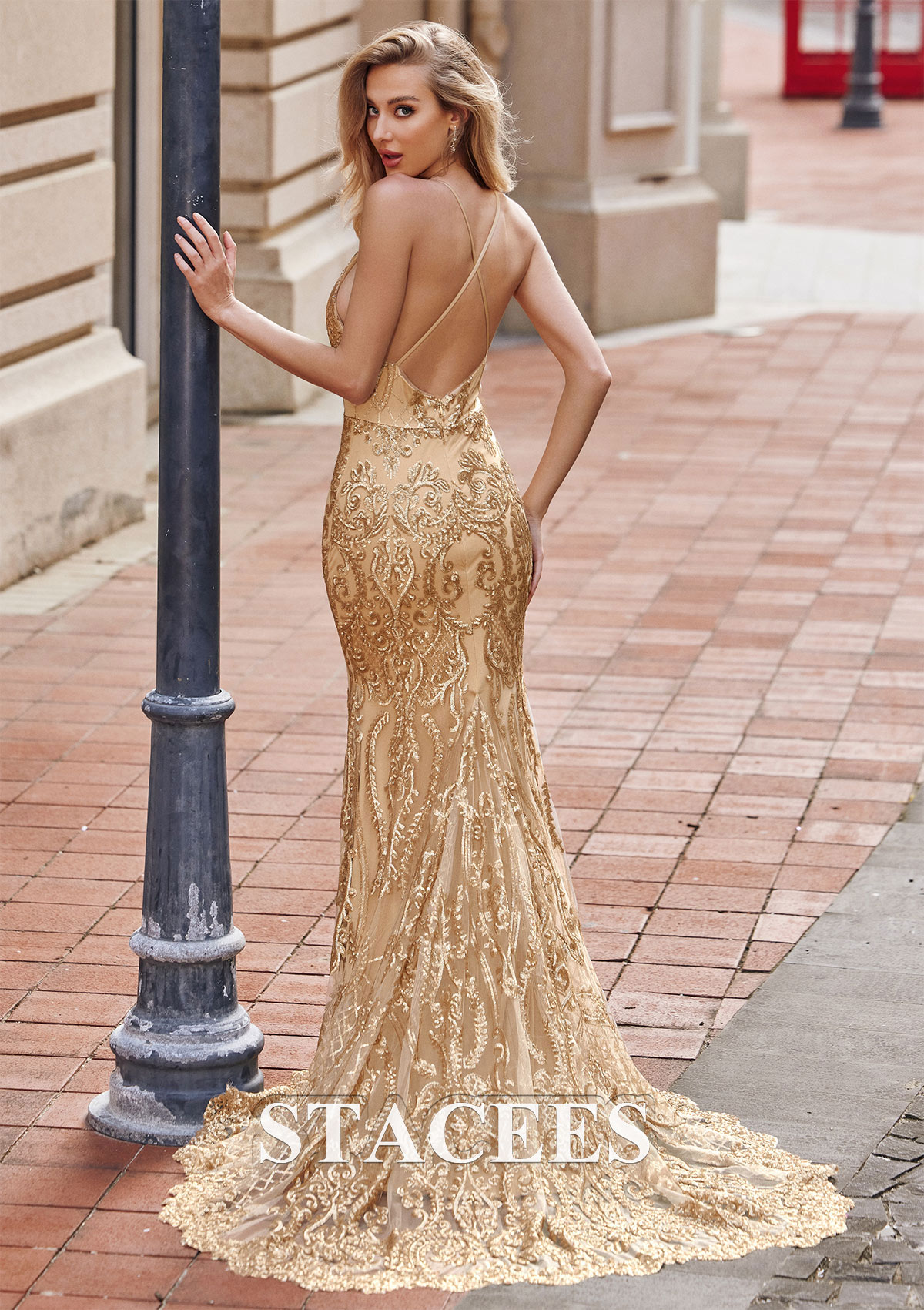 Gold Sheath/Column V Neck Sleeveless Sweep Train Sequined Prom Dress - STACEES