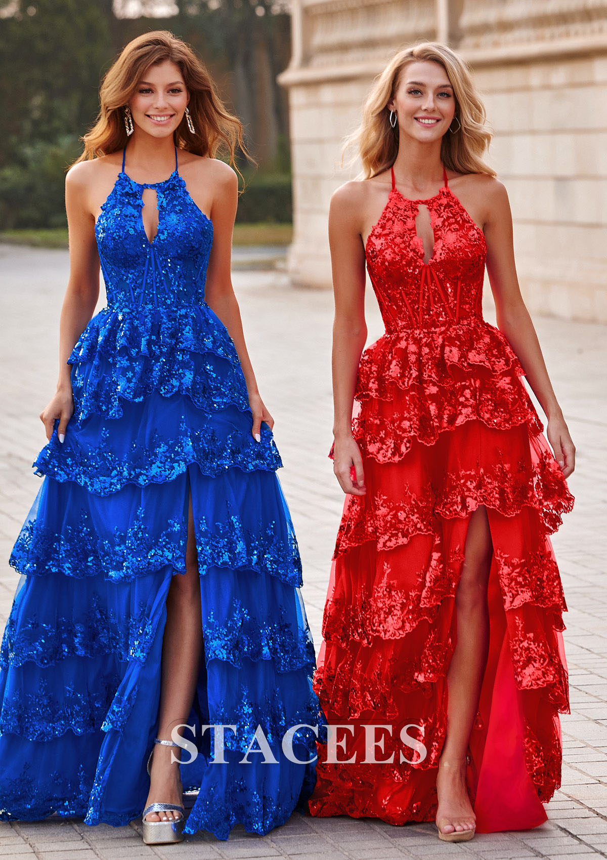Ocean Blue Vestido línea a cuello halter tul barrer tren vestido de graduación - STACEES