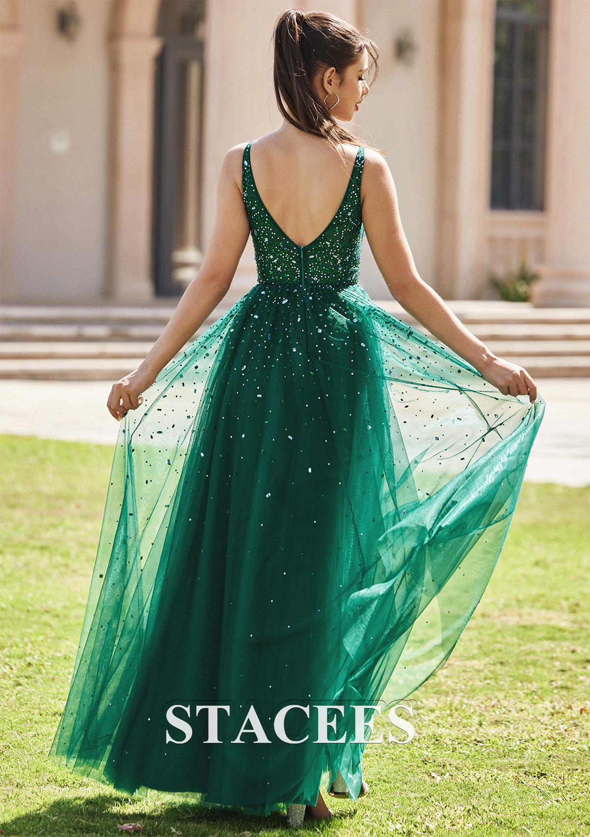 Vert Foncé Trapèze robe princesse col en v tulle ras du sol robe de bal - STACEES