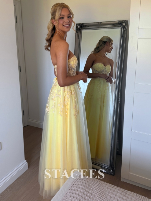 a-line strapless corset tulle floor-length prom dress with leaf lace A-line Prom Dress 2026 Tulle Off-the-Shoulder Floor-Length