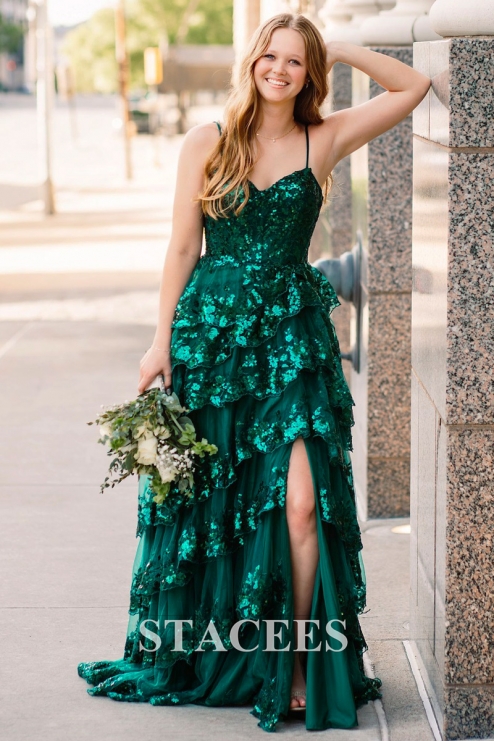 a-line corset tiered ruffle slit prom dress with appliqued sequins A-line Corset Tiered Ruffle Slit Prom Dress with Appliqued Sequins